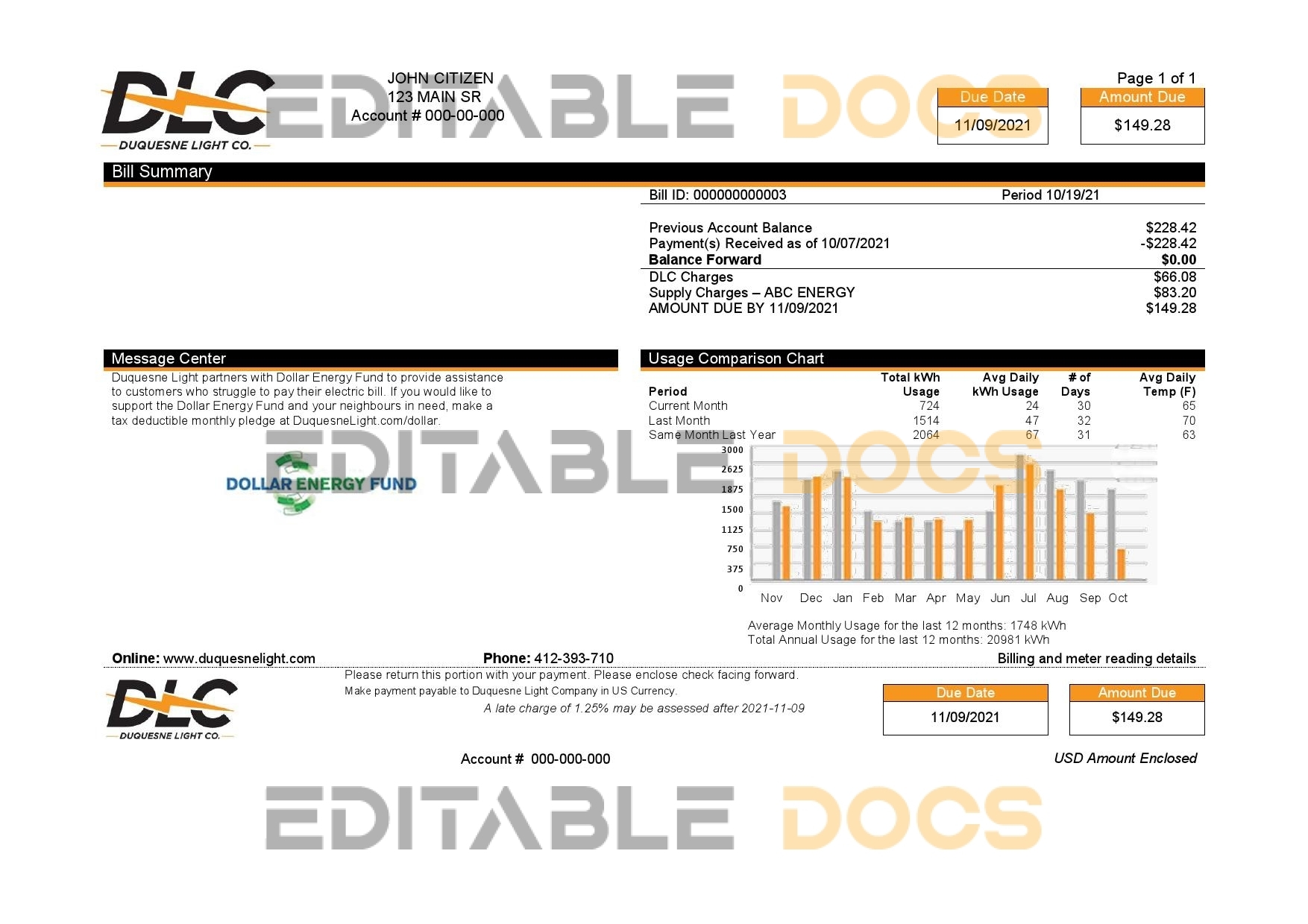 USA Pennsylvania Duquesne Light Company (DLC) utility bill template in Word and PDF format