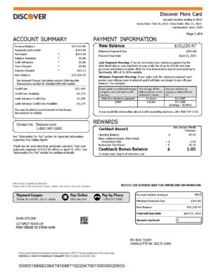 USA Discover credit card statement, Word and PDF template, 6 pages 1