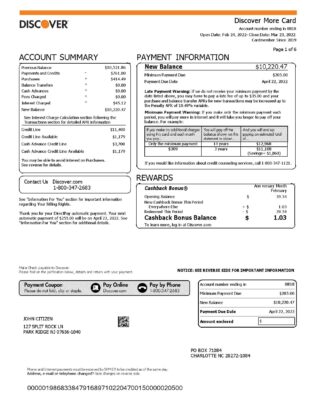 USA Discover credit card statement, Word and PDF template, 6 pages