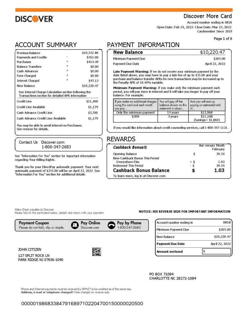 USA Discover credit card statement, Word and PDF template, 6 pages 1