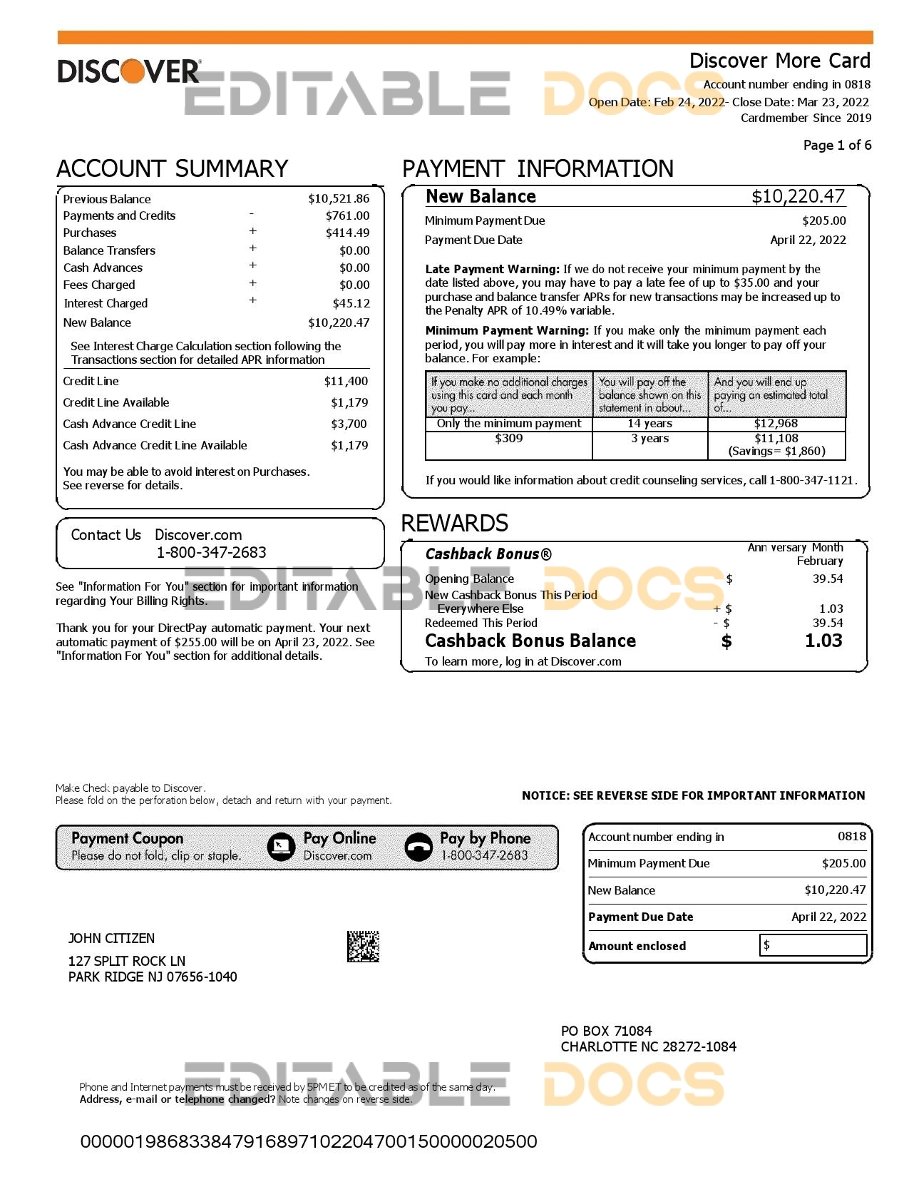 USA Discover credit card statement, Word and PDF template, 6 pages