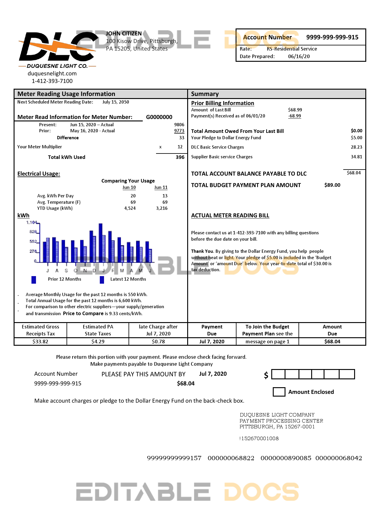 USA Pennsylvania Duquesne light utility bill template in Word and PDF format