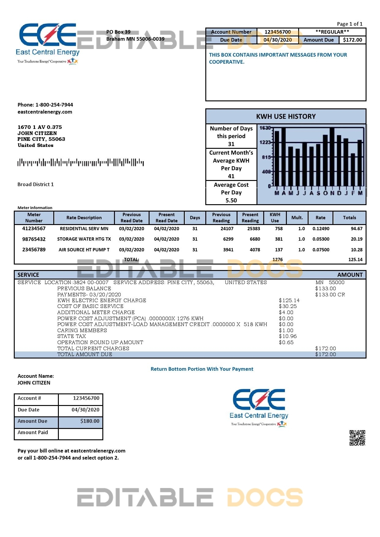 USA Minnesota East Central Energy utility bill template in Word and PDF (.doc and .pdf) format