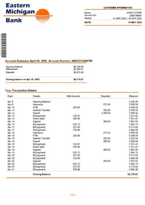 USA Eastern Michigan bank account statement Word and PDF template