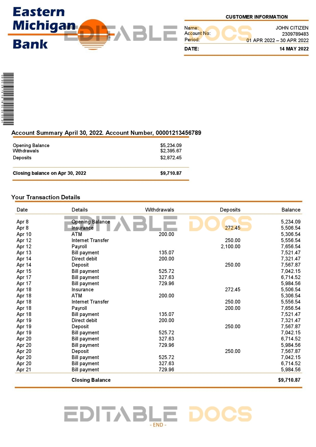 USA Eastern Michigan bank account statement Word and PDF template
