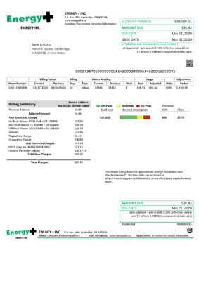 USA Massachusetts Energy Plus electricity utility bill template in Word and PDF format