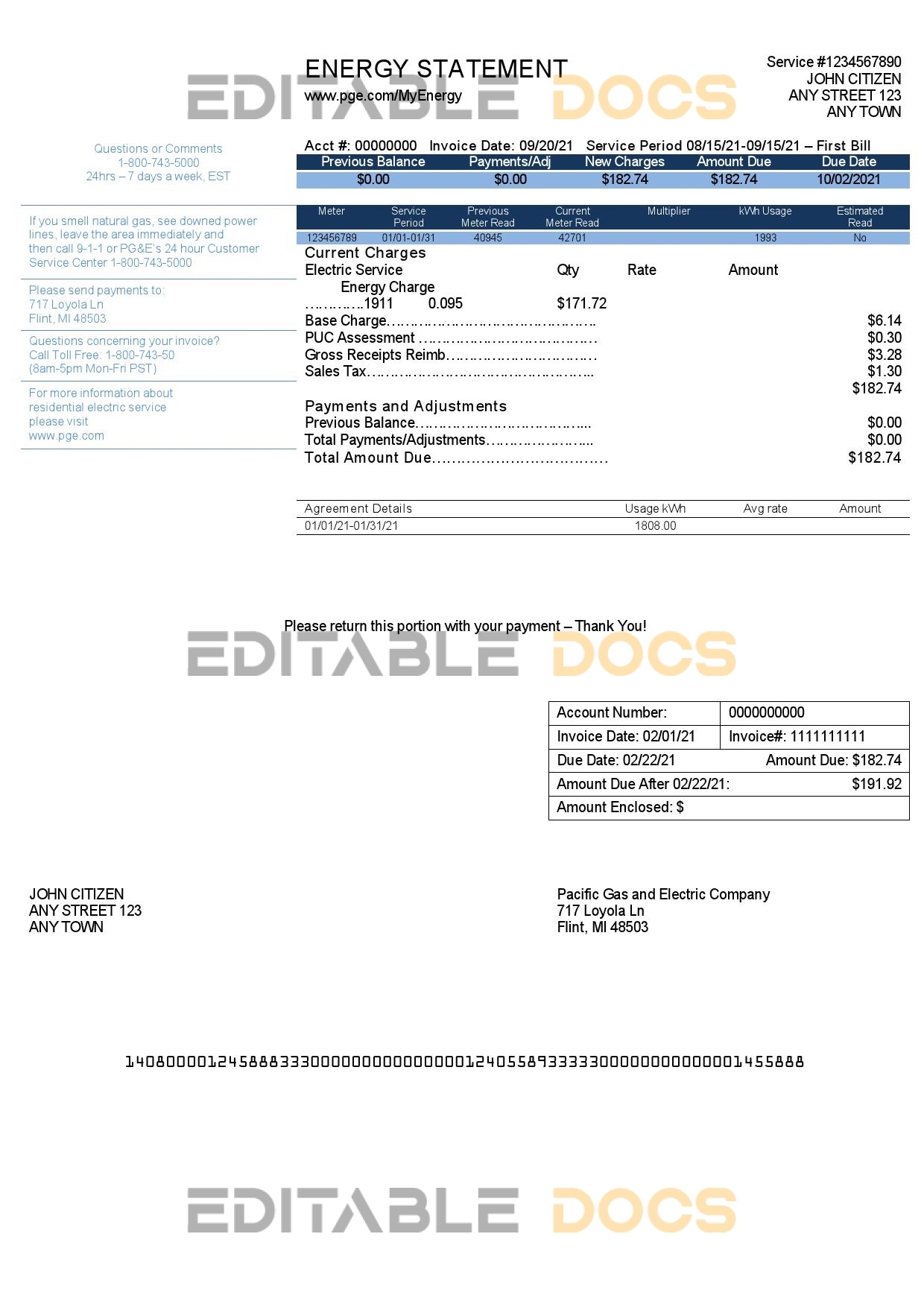 USA California PG&E (Pacific Gas and Electric Company) utility bill template in Word and PDF format, version 2