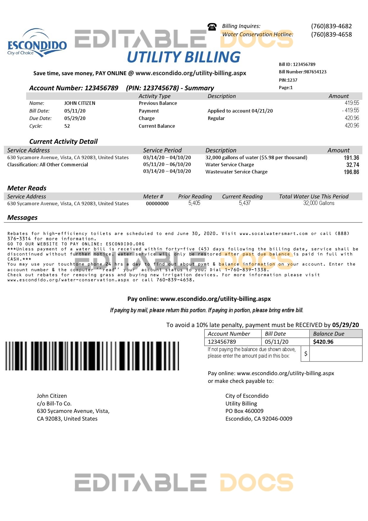 USA California Escondido City of Choice utility bill template in Word and PDF format