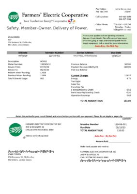 USA Ohio Farmer’s Electric Cooperative utility bill template in Word an PDF format