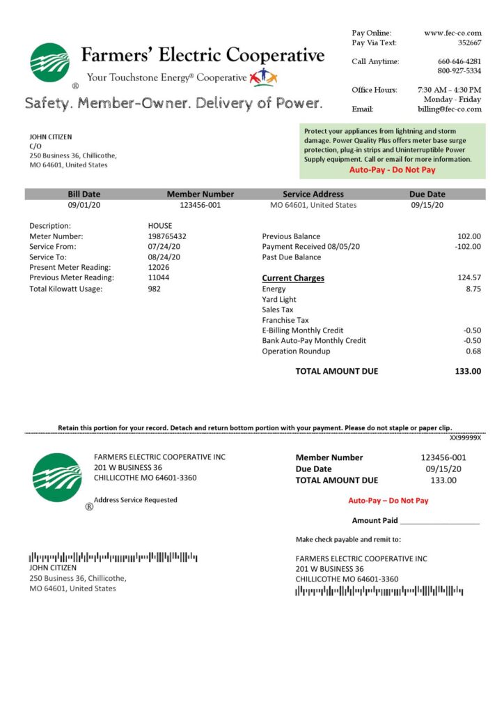 USA Ohio Farmer’s Electric Cooperative utility bill template in Word an PDF format