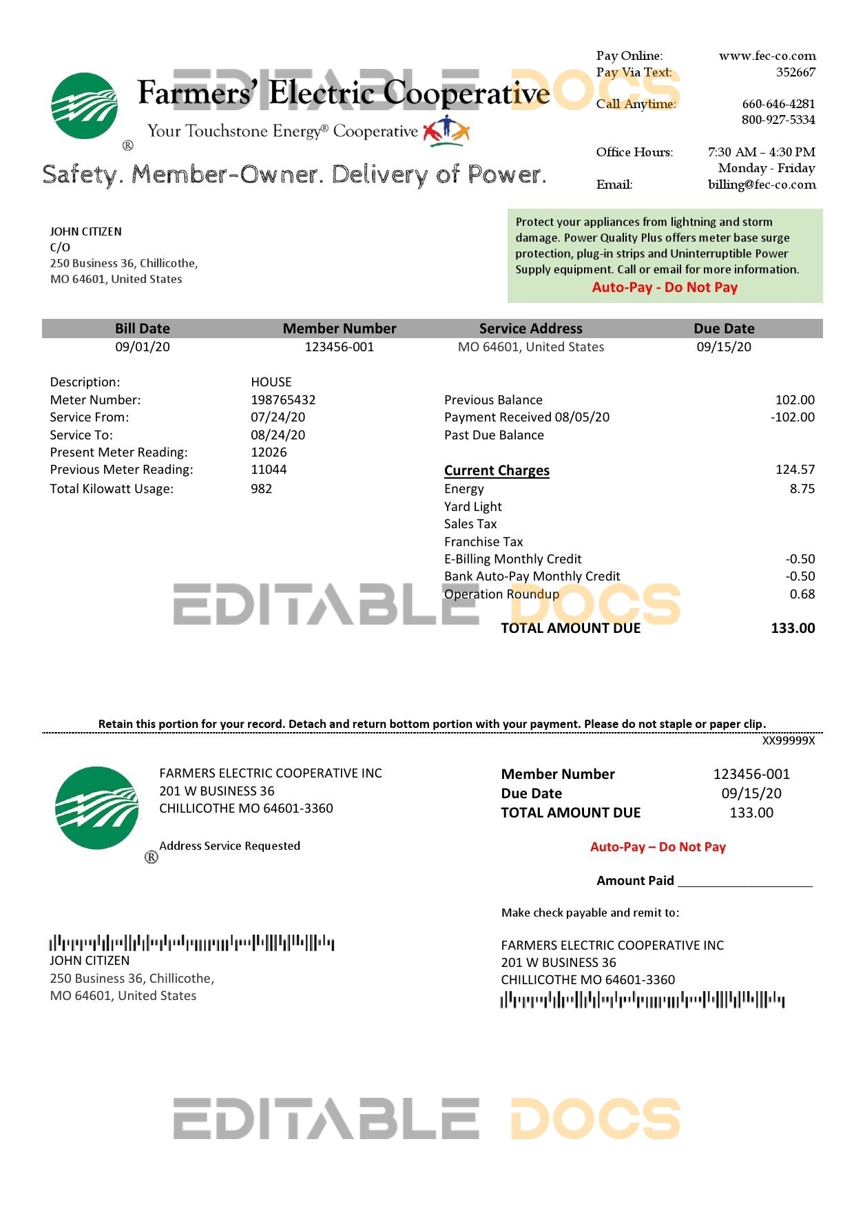 USA Ohio Farmer’s Electric Cooperative utility bill template in Word an PDF format