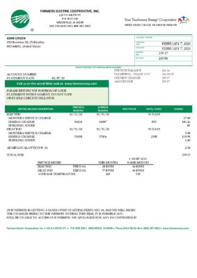 USA Ohio Farmers Electric Cooperative utility bill template in Word and PDF format, version 2