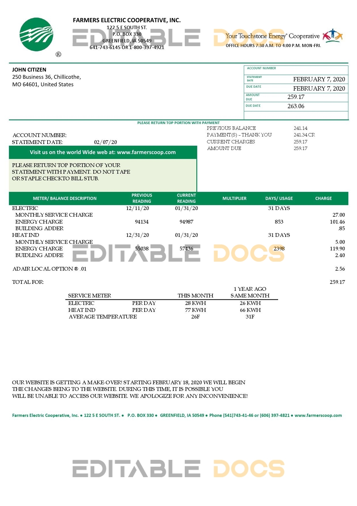 USA Ohio Farmers Electric Cooperative utility bill template in Word and PDF format, version 2