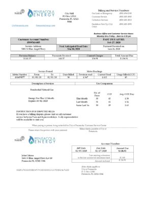 USA Florida Pensacola Energy utility bill template in Word and PDF format