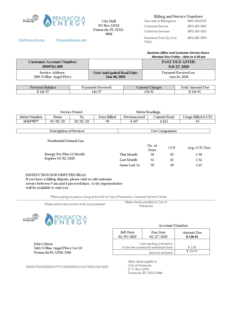 USA Florida Pensacola Energy utility bill template in Word and PDF format