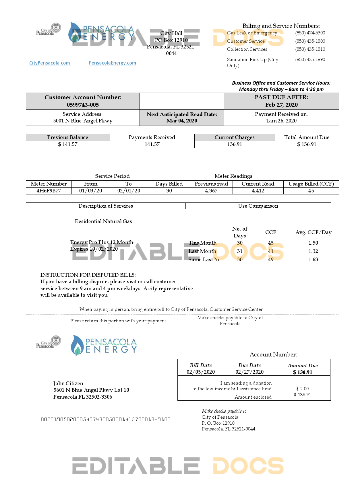 USA Florida Pensacola Energy utility bill template in Word and PDF format