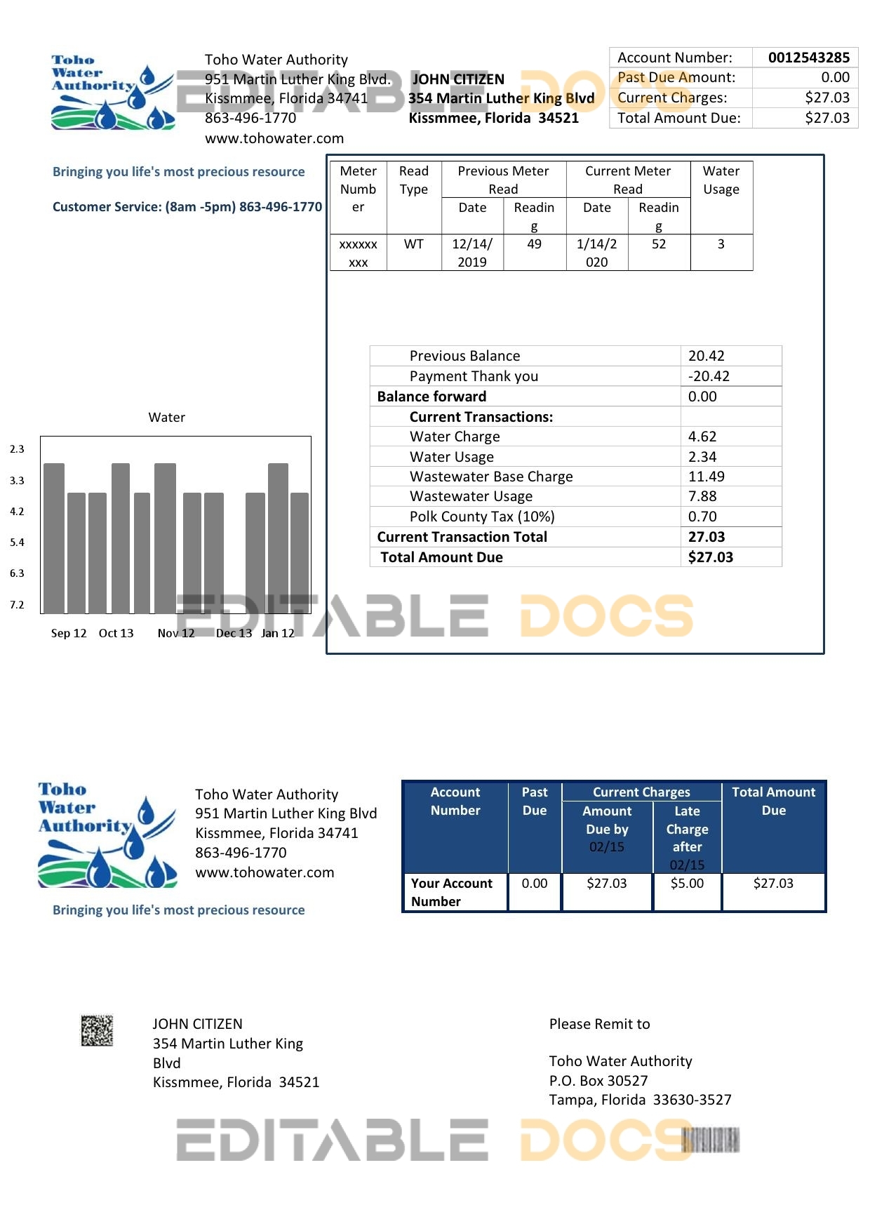 USA Florida Toho Water Authority utility bill template in Word and PDF format