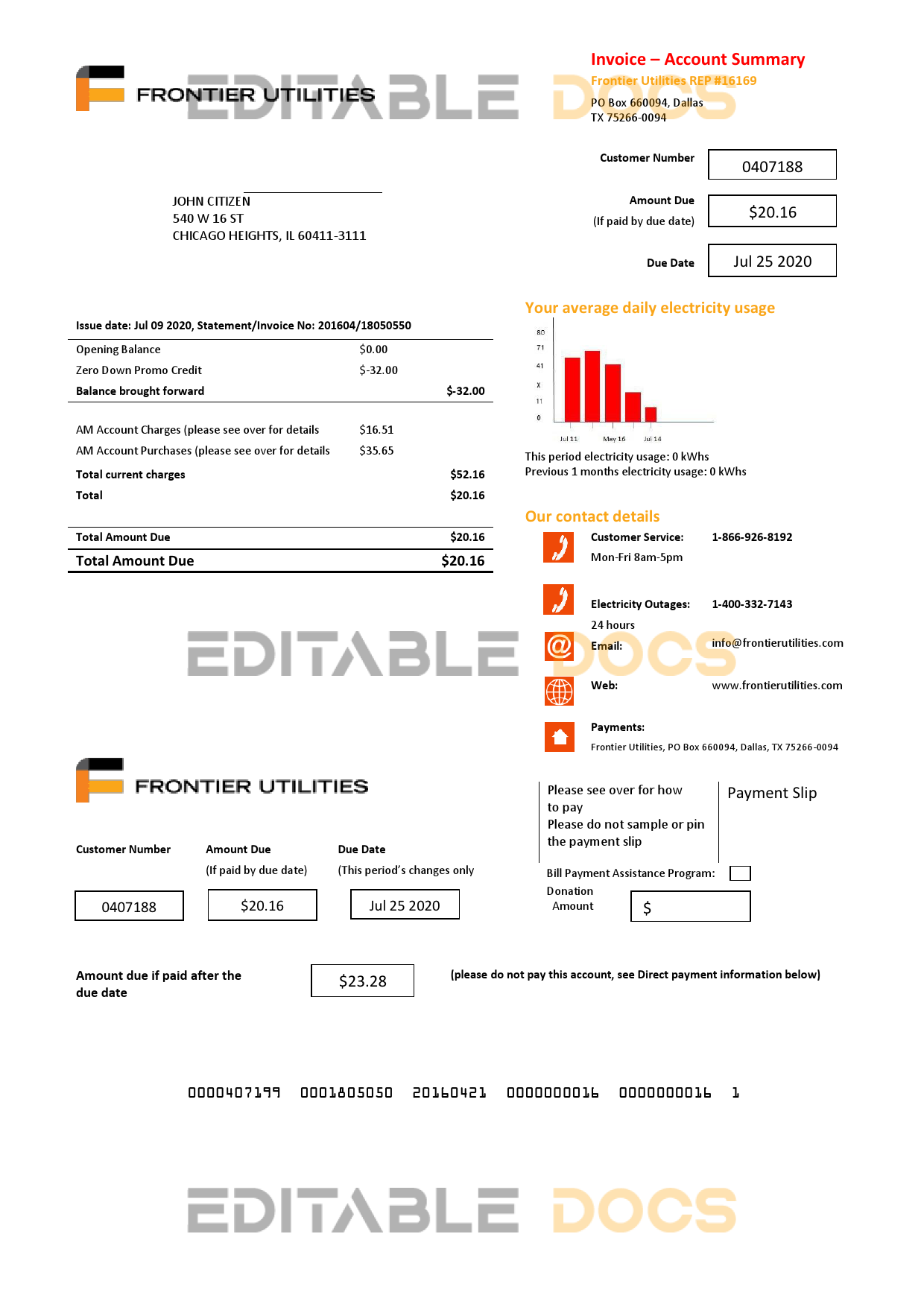 USA Texas Frontier Utilities utility bill template in Word and PDF format