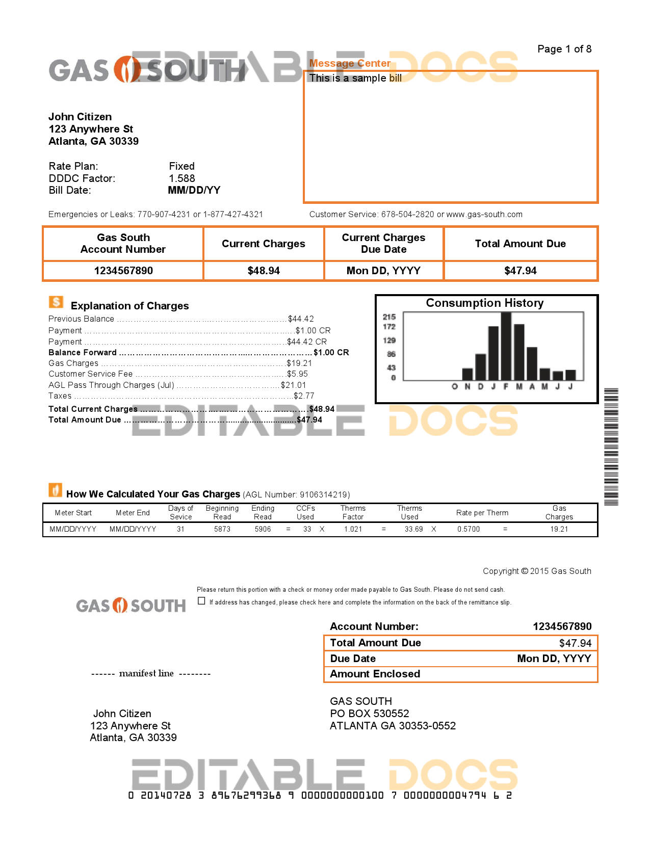 USA New York Gas South utility bill template in Word and PDF format