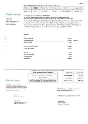 USA Texas Gexa Energy utility bill template in Word format