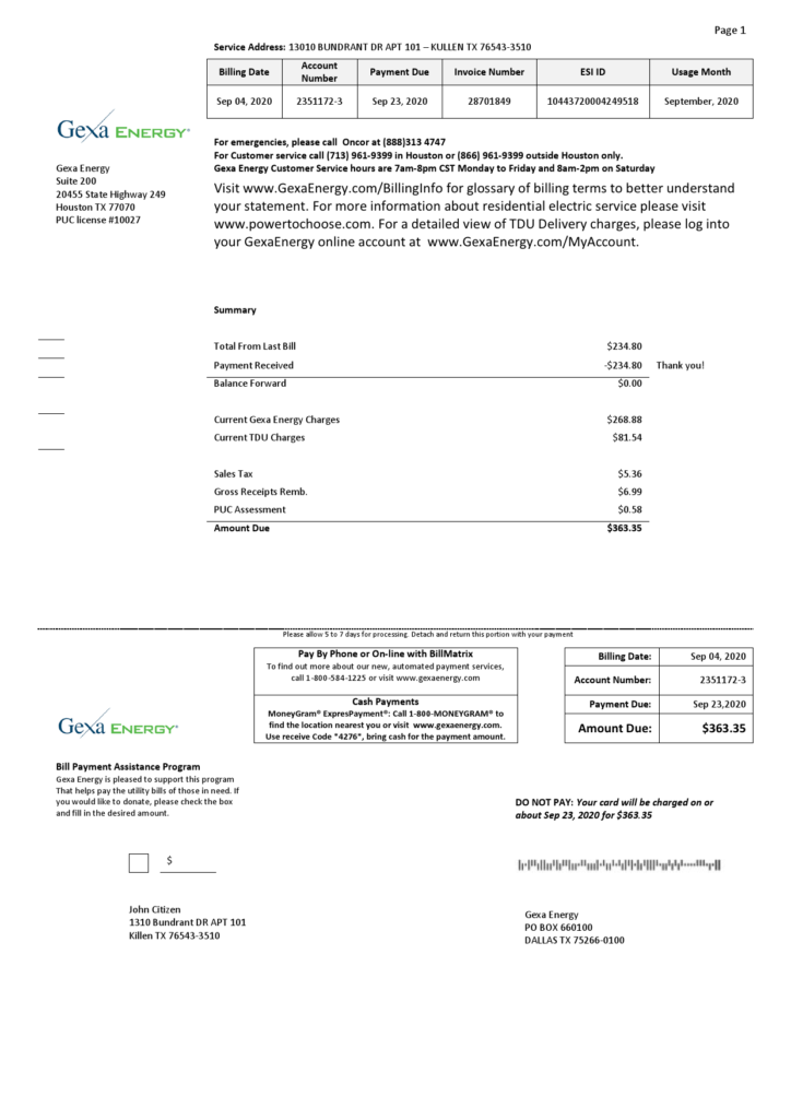 USA Texas Gexa Energy utility bill template in Word format