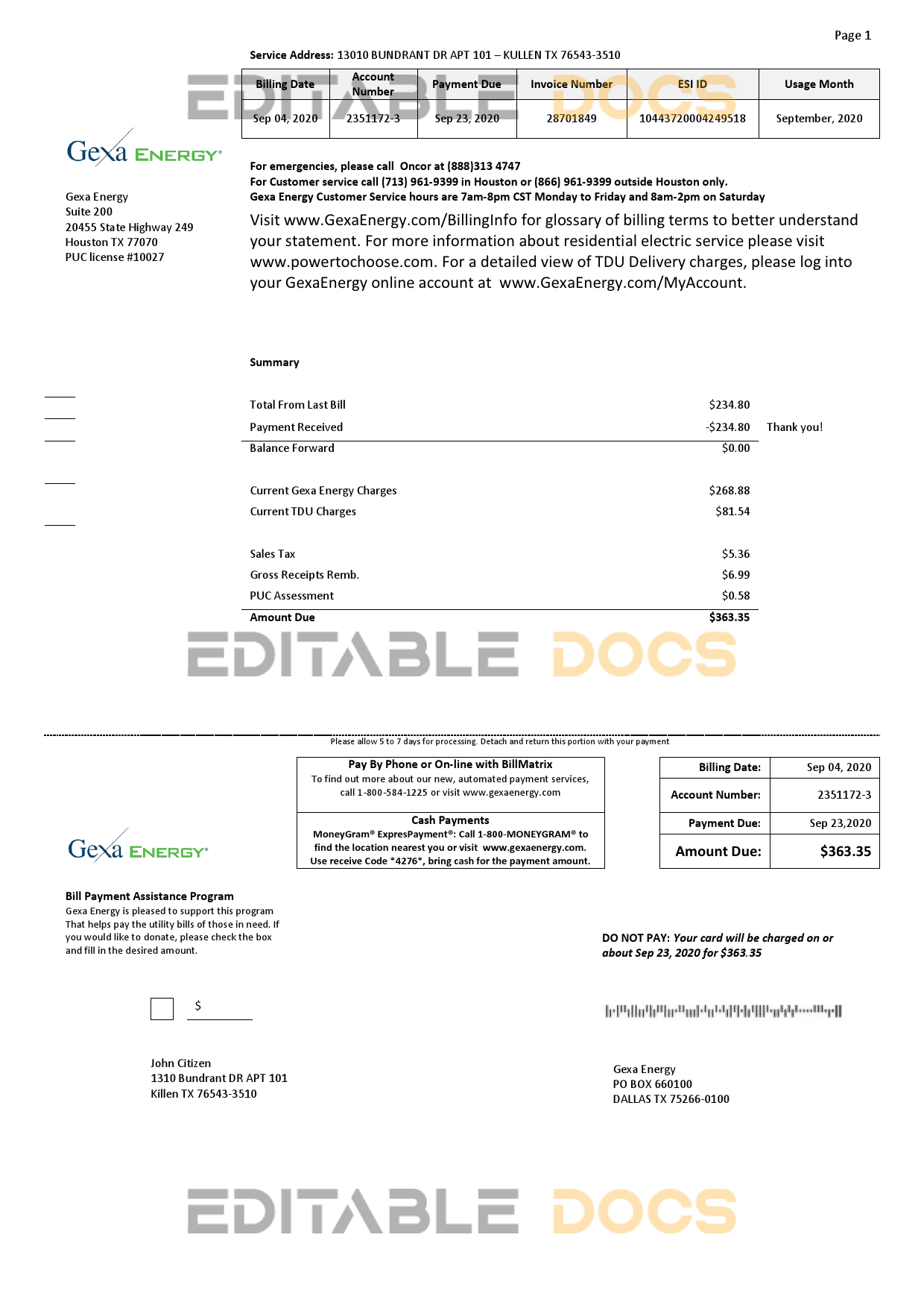 USA Texas Gexa Energy utility bill template in Word format
