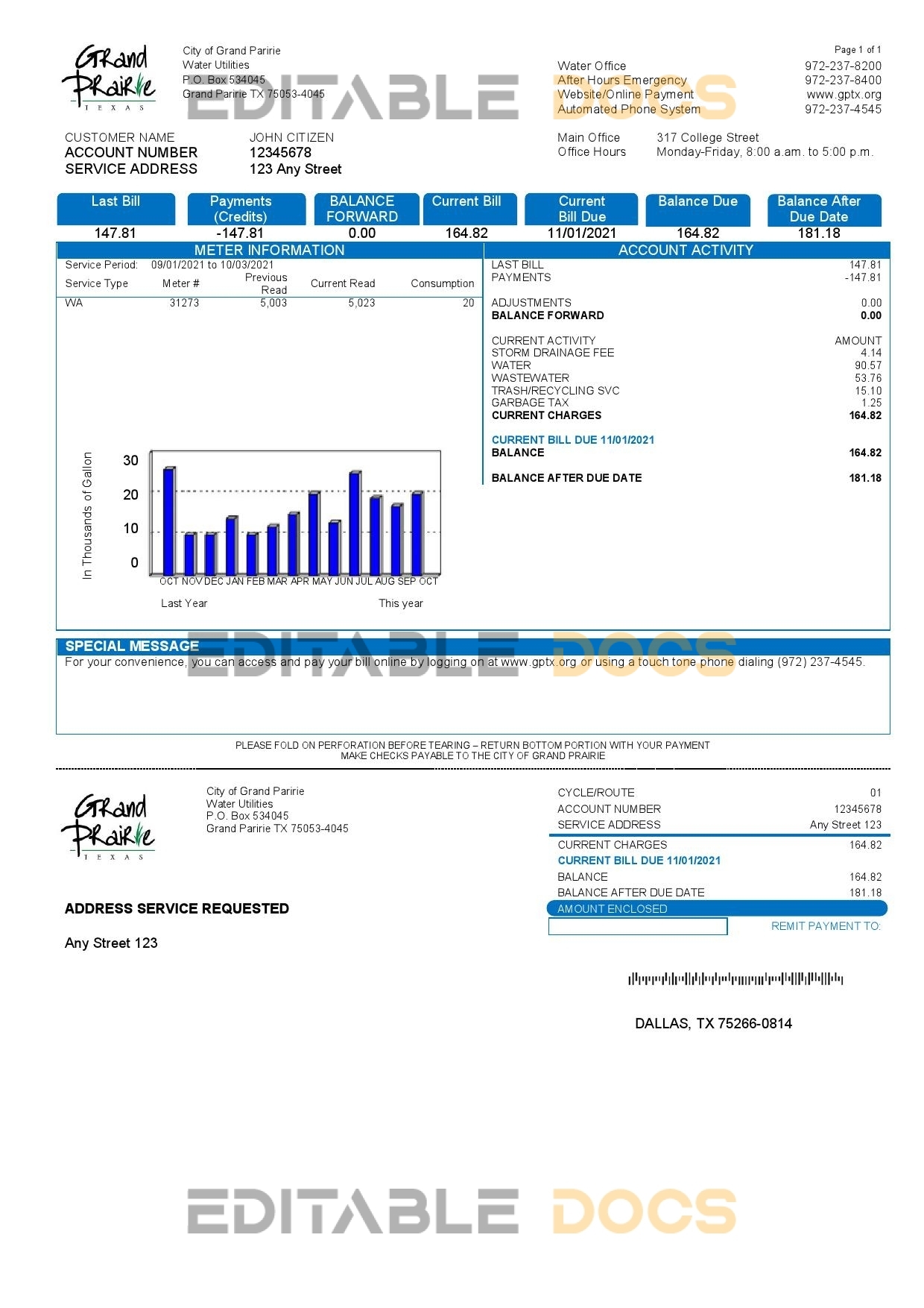 USA Texas Grand Prairie utility bill template in Word and PDF format