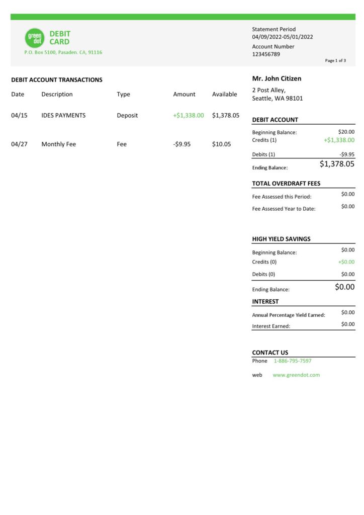 USA Green Dot bank statement Word and PDF template, 3 pages