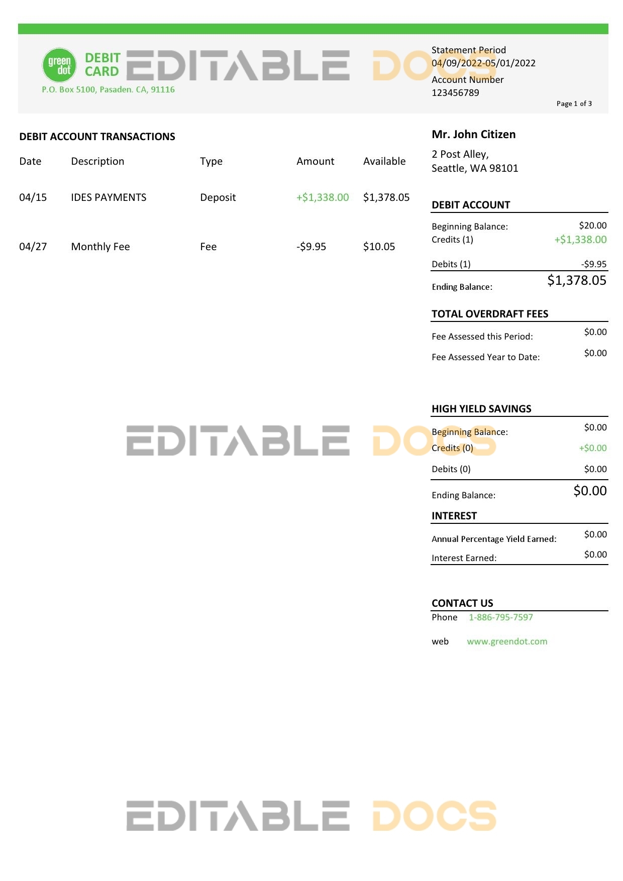 USA Green Dot bank statement Word and PDF template, 3 pages