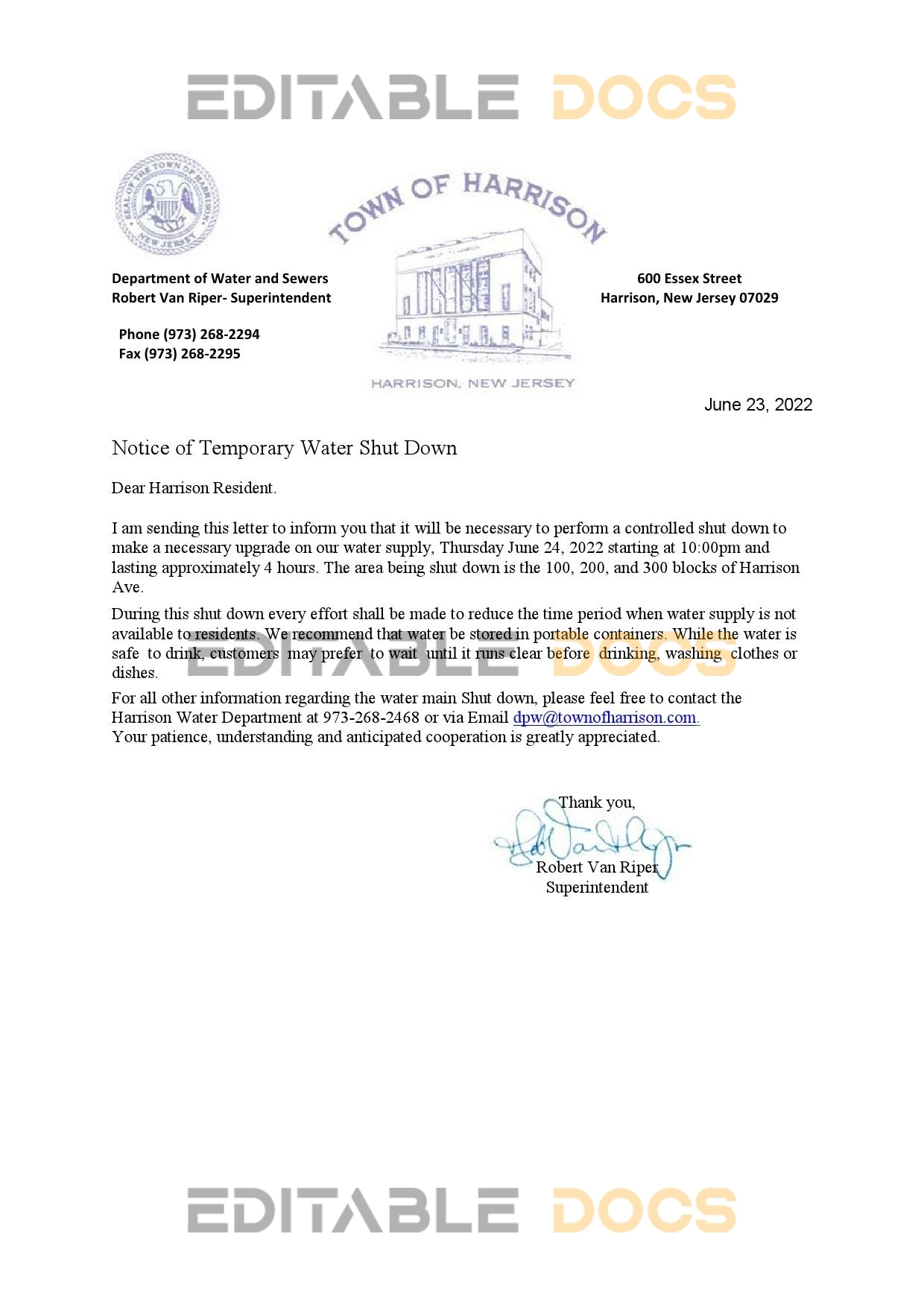 USA New Jersey Town of Harrison utility water shut off notice, Word and PDF template