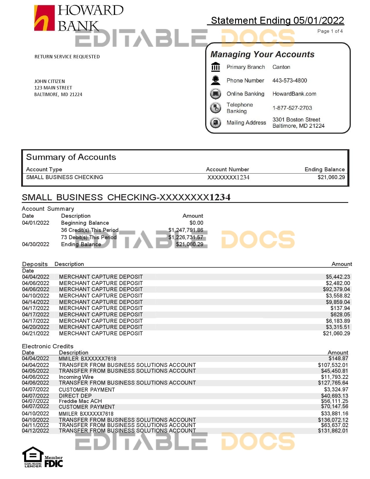 USA Howard bank statement Word and PDF template, 4 pages