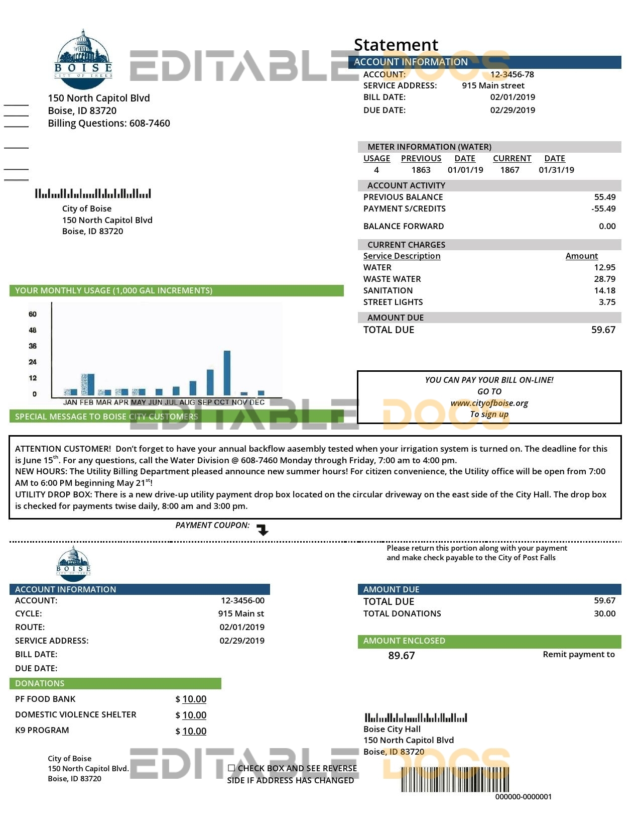 USA Idaho Boise City of Trees water utility bill template in Word and PDF format