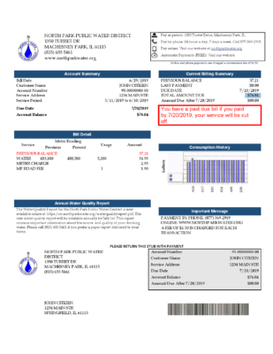 USA Illinois North Park Public Water District IL utility bill template in Word and PDF format
