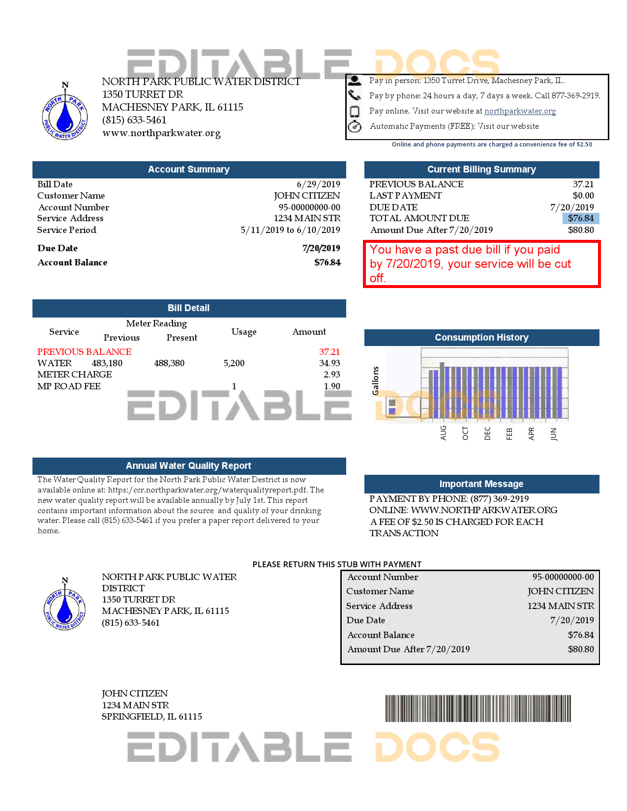 USA Illinois North Park Public Water District IL utility bill template in Word and PDF format