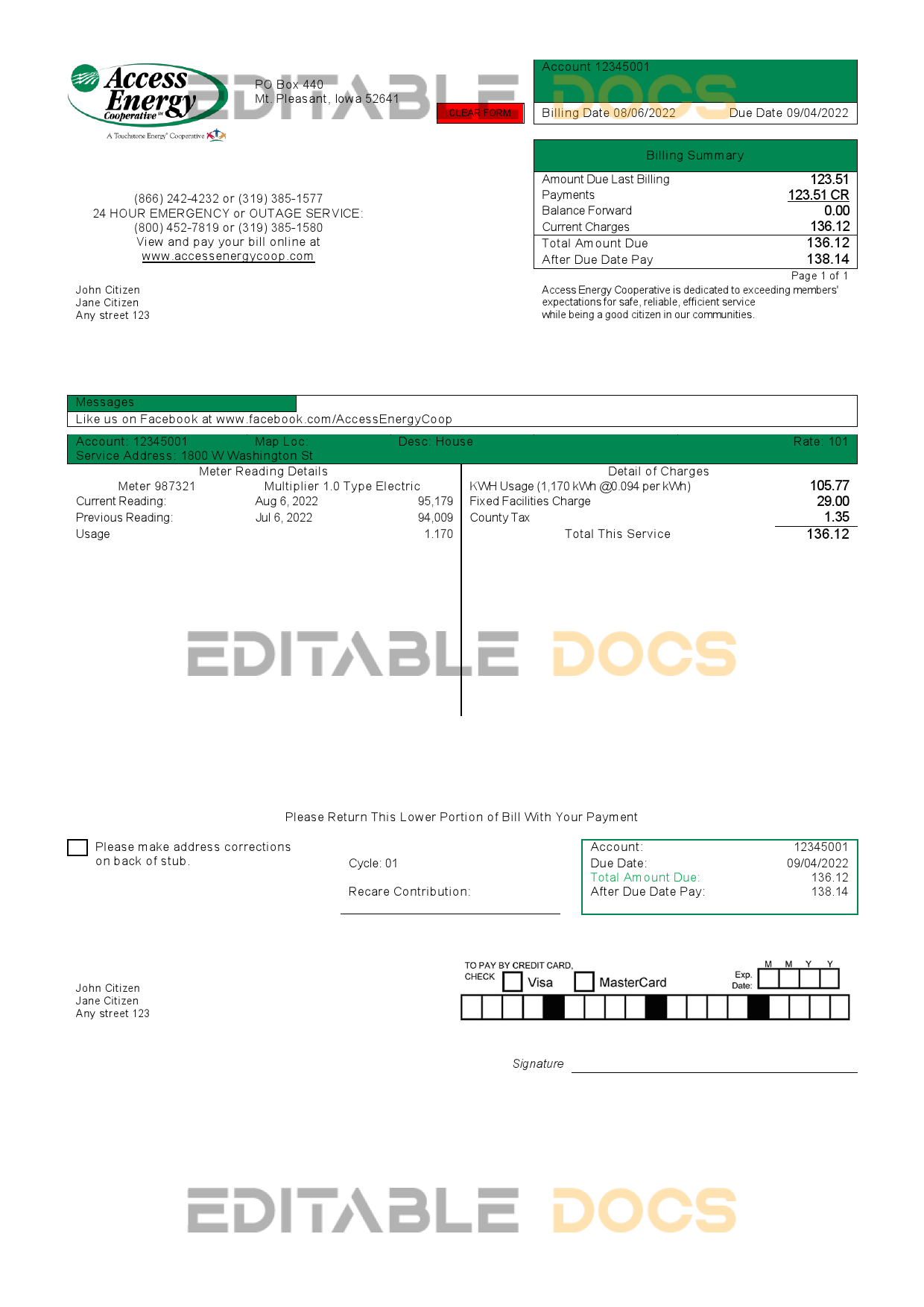 USA Iowa Access Energy Cooperative utility bill template in Word and PDF format