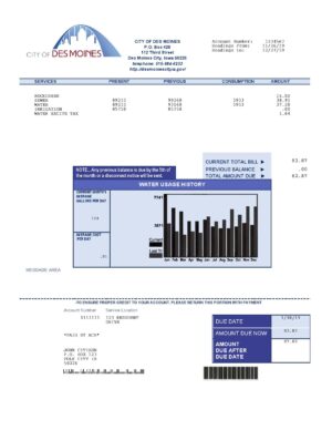 USA Iowa City of Des Moines water utility bill template in Word and PDF format
