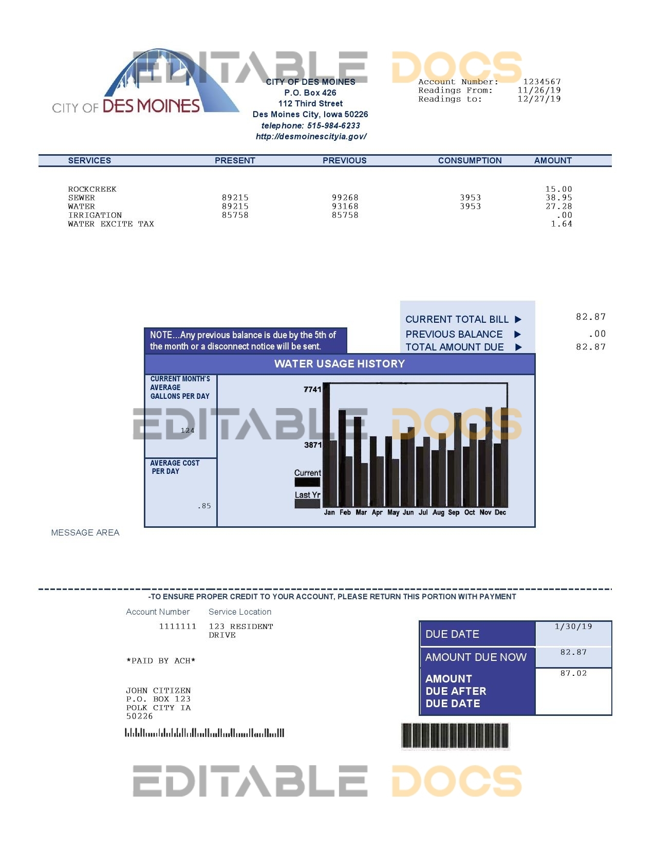 USA Iowa City of Des Moines water utility bill template in Word and PDF format