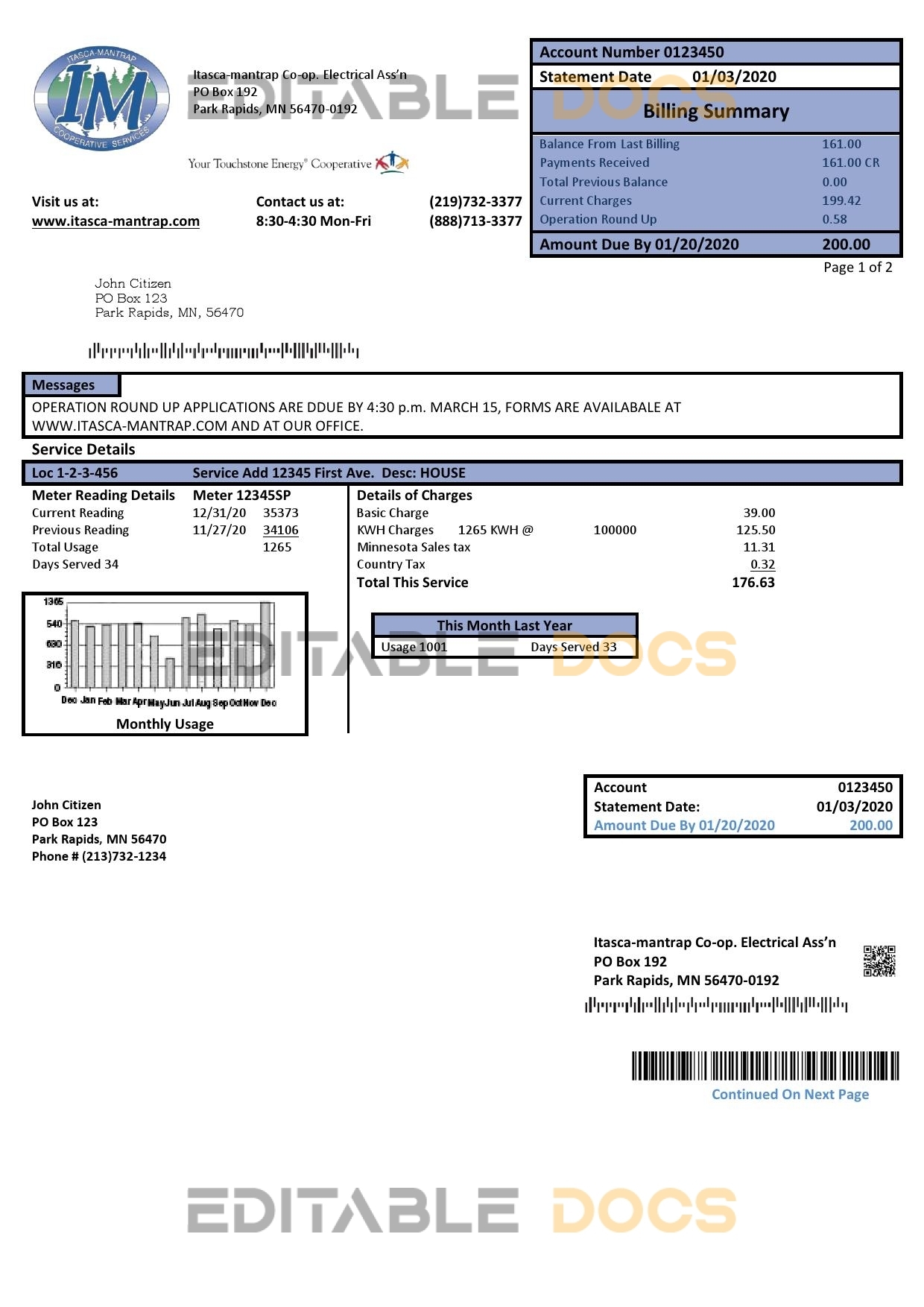 USA Minnesota Itasca-Mantrap electricity utility bill template in Word and PDF format (2 pages)
