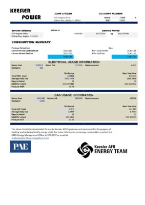 USA Mississippi Keesler AFB Energy utility bill template in Word and PDF format