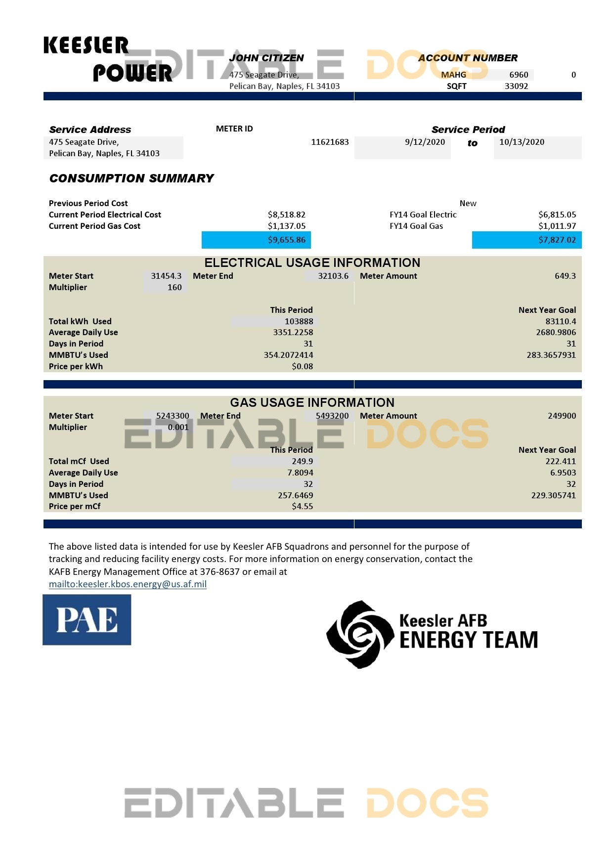 USA Mississippi Keesler AFB Energy utility bill template in Word and PDF format
