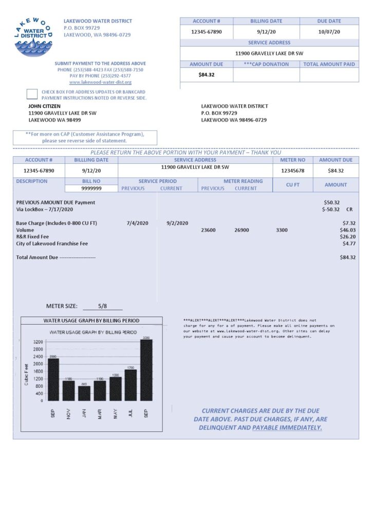 USA Lakewood Water District utility bill template in Word and PDF format