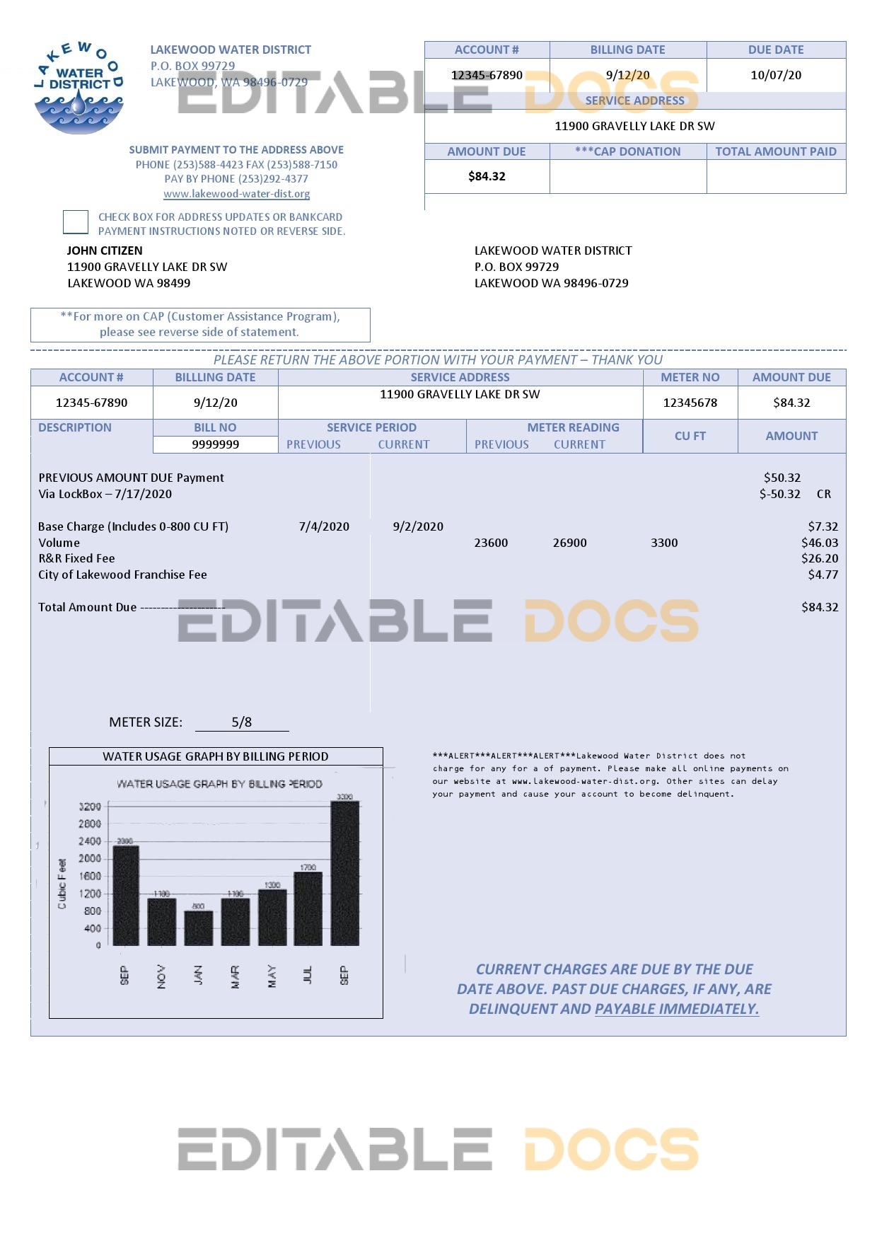 USA Lakewood Water District utility bill template in Word and PDF format