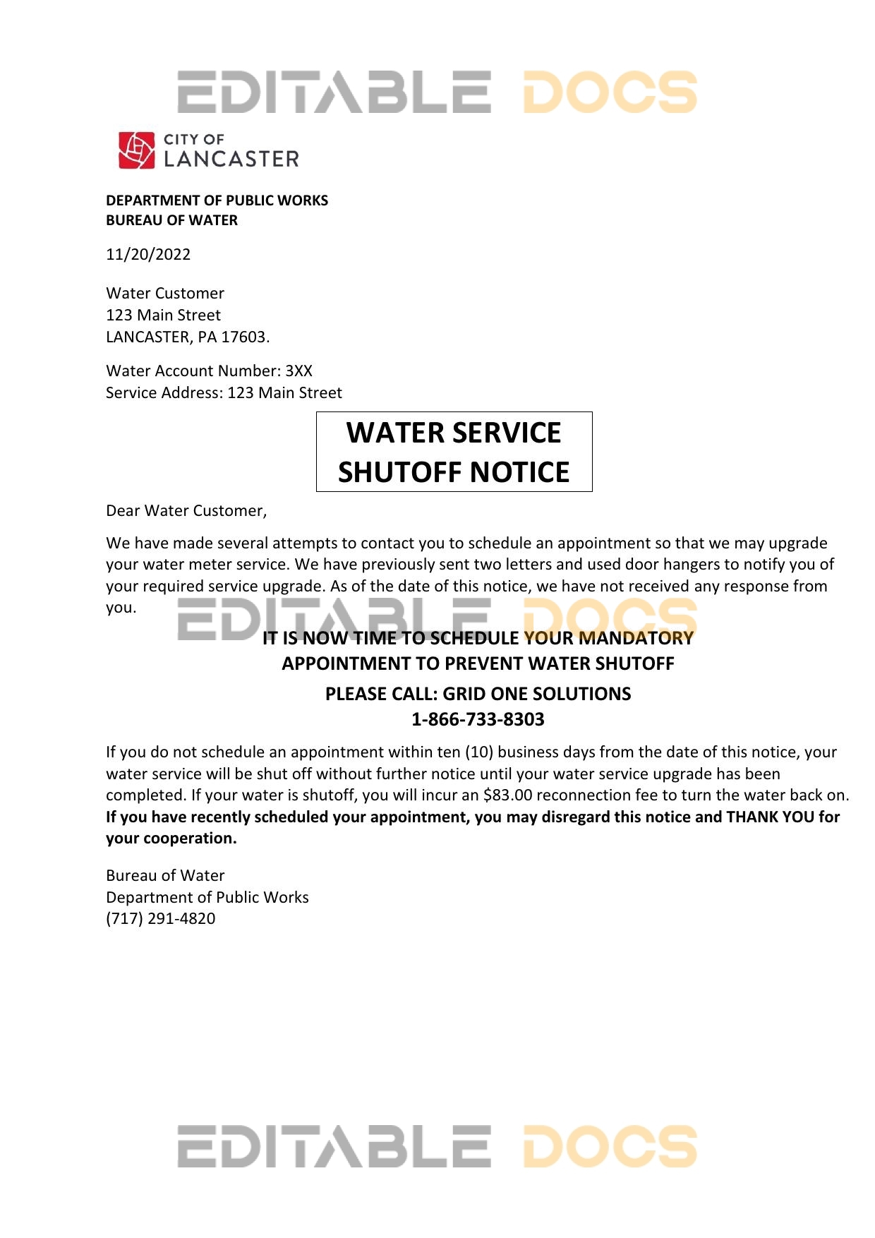 USA Lancaster Water service utility bill shutoff notice, Word and PDF template