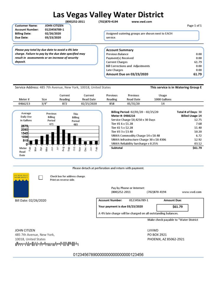 USA Las Vegas Valley Water District (LVVWD) utility bill template in Word and PDF format