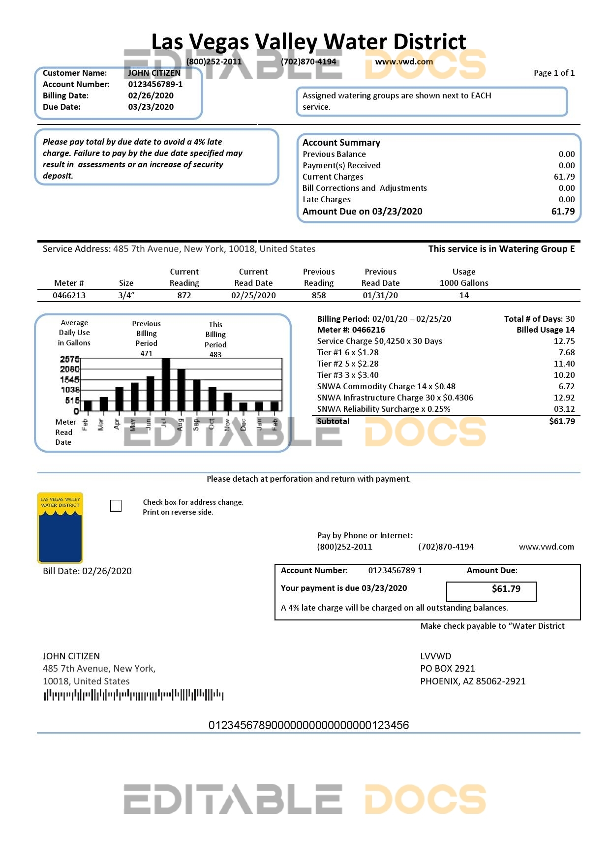 USA Las Vegas Valley Water District (LVVWD) utility bill template in Word and PDF format