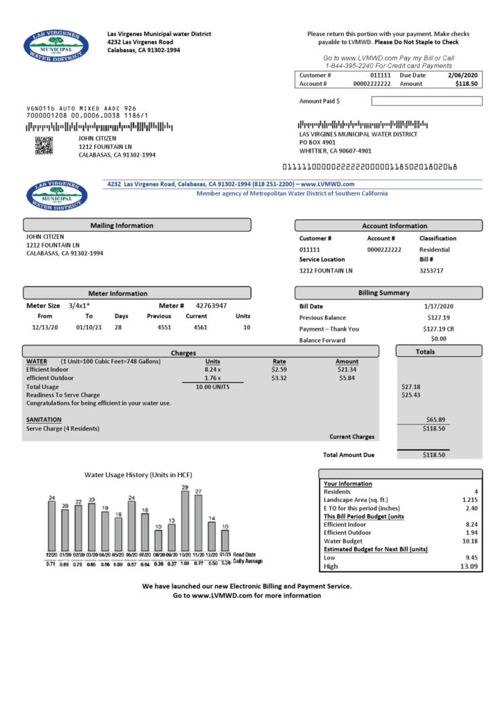 USA California Las Virgenes Municipal Water District utility bill template in Word and PDF format