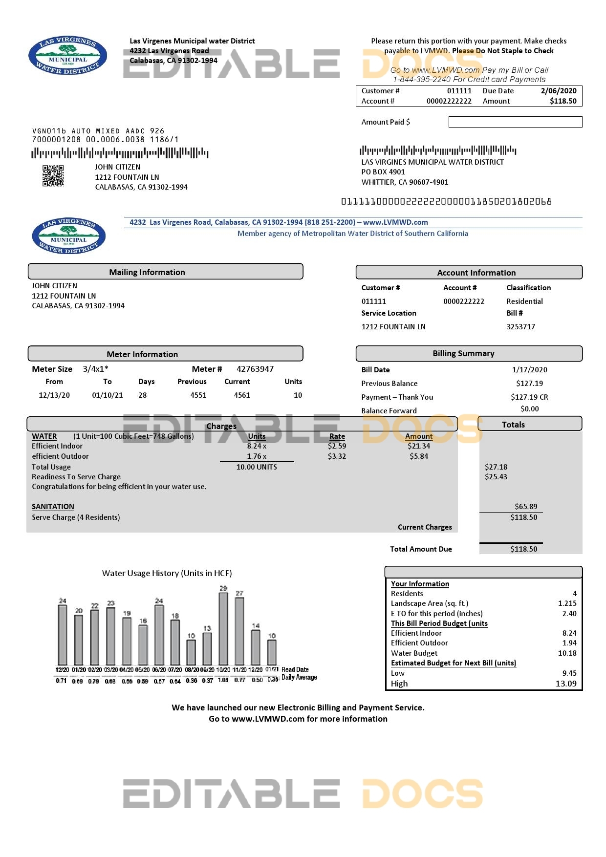 USA California Las Virgenes Municipal Water District utility bill template in Word and PDF format