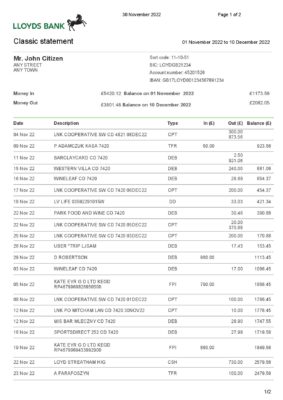 USA Lloyds bank statement, Word and PDF template, 2 pages