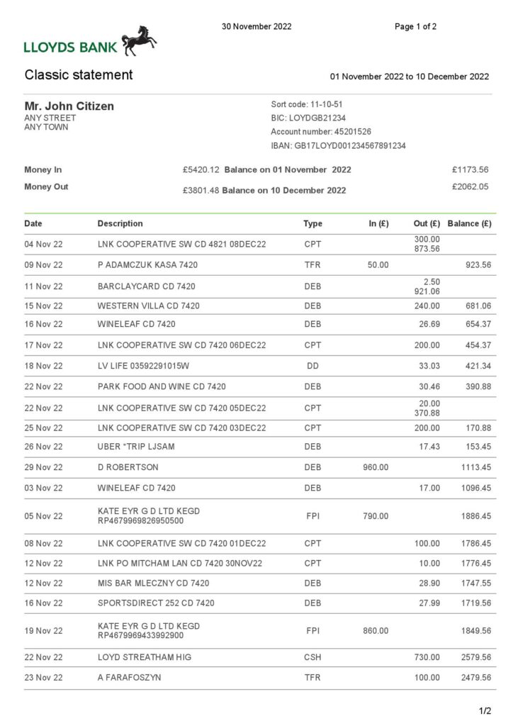 USA Lloyds bank statement, Word and PDF template, 2 pages 1