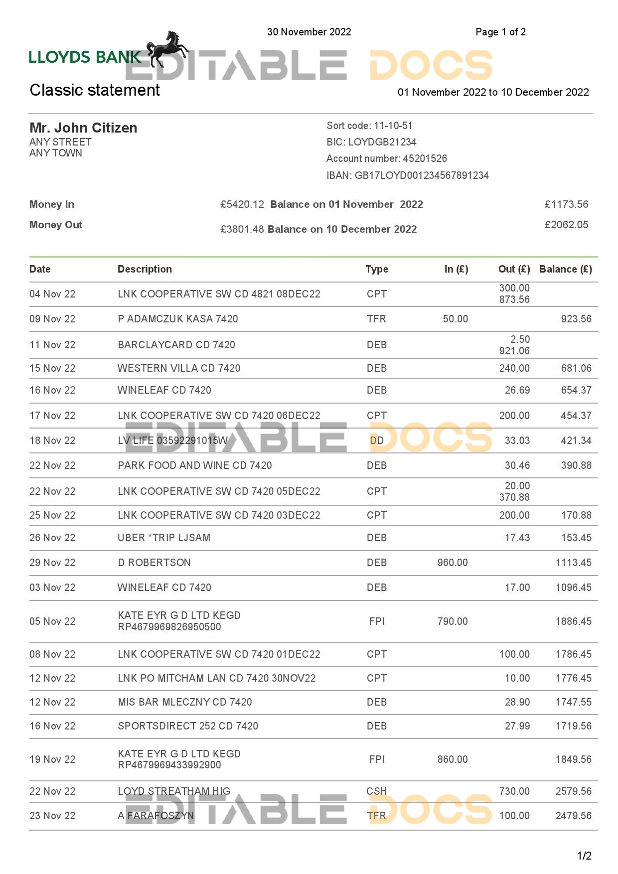USA Lloyds bank statement, Word and PDF template, 2 pages